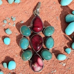TURQUOISE AND ROSE DAHLIA PENDANT 925 STERLING SILVER